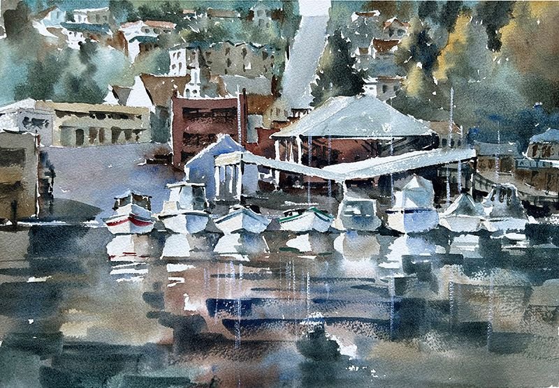 Ina Xi - Gig Harbor Boatyard, Original Plein Air Watercolor, 12x16, (framed)