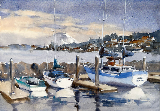 Ina Xi - Kingston Overlooking Mt. Rainier, Original Watercolor, 17x13(framed)