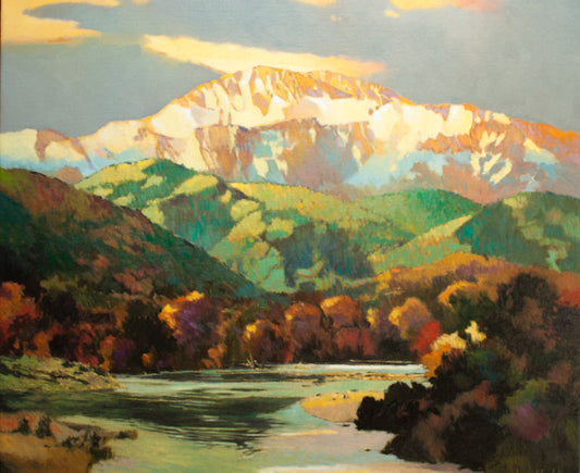 Prints available, original ***SOLD*** MAX HAYSLETTE - Olympic Sunrise, Oil & Mixed Media 30x36 (HMOC 1318)