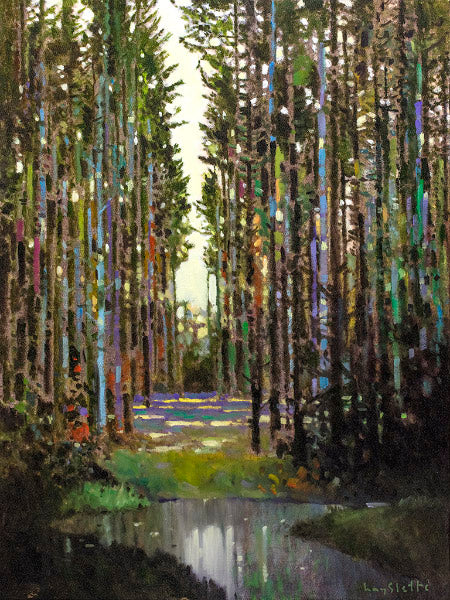 Prints available, original SOLD *** MAX HAYSLETTE - Woodland Pond (HMOC 1472, Oil & Mixed Media 24x18)