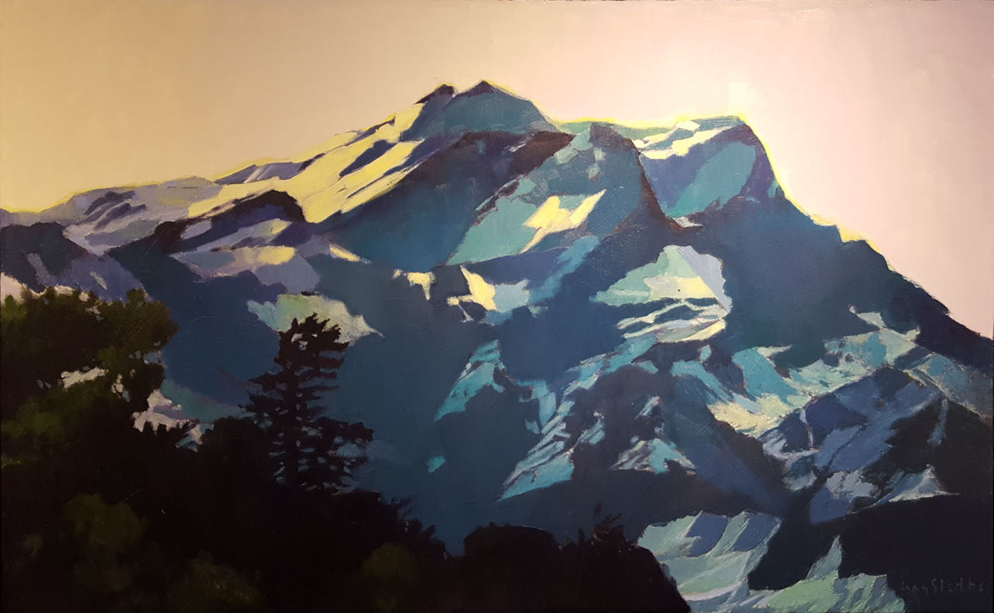 Prints available, original ***SOLD*** MAX HAYSLETTE - Olympic Sunrise #4, Oil & Mixed Media 20x32 (HMOC 1571)