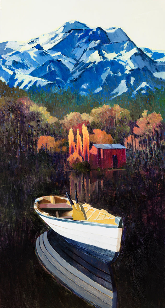 Prints available, original ***SOLD*** MAX HAYSLETTE - Mountain Cabin No. 2, 48x26, Oil & Mixed Media (HMOC 1575)