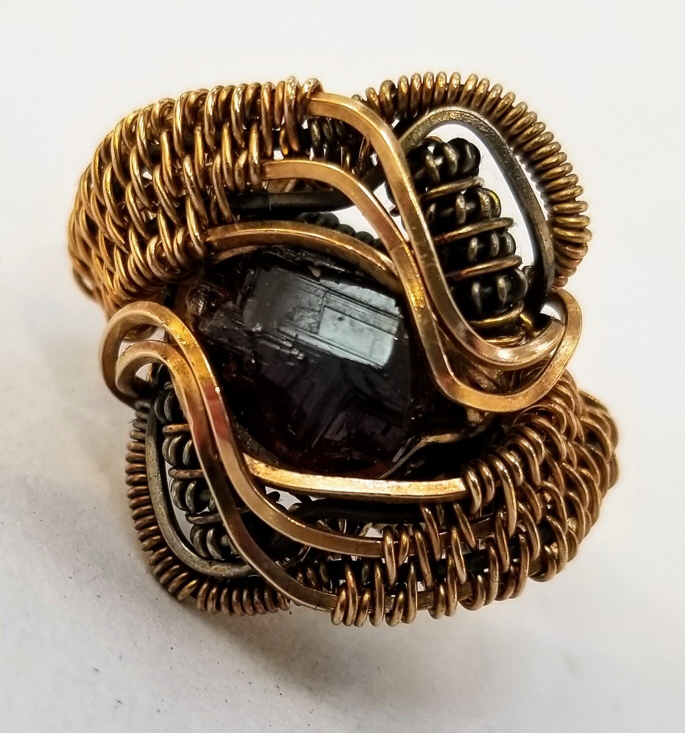 ***SOLD***CHARLES GOLLER -Spessartine Garnet with sterling and bronze over sterling wire-wrapped crystal/gemstone ring, size 9.5