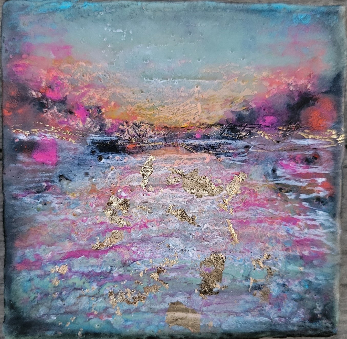 ***SOLD*** Carrie Goller - Hood Canal Sunset Study VI, encaustic/mixed media 3.5x3.5