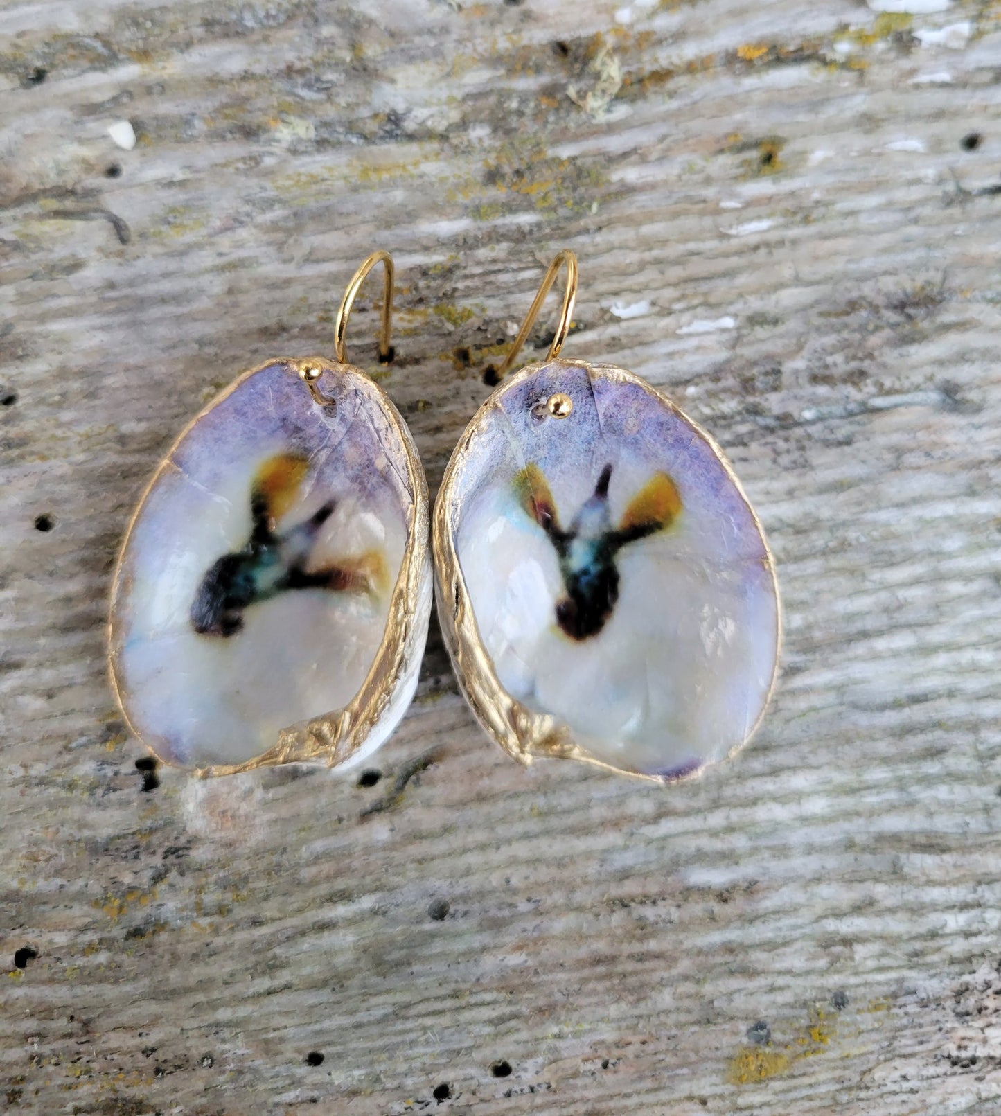 ***SOLD***Hood Canal Seashell Earrings - Hummingbirds - 18k Gold Trim - Carrie Goller