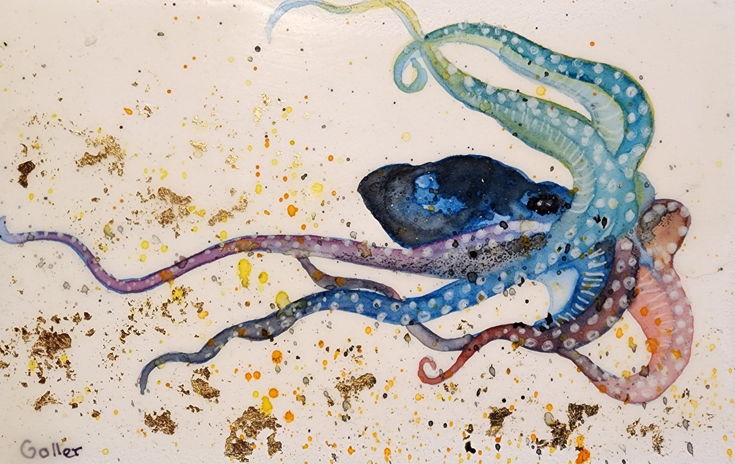 Prints available, original ***SOLD*** Carrie Goller - Original Octopus Miniature Painting 3 x 4.75 - Encaustic/Watercolor/Gold Leaf