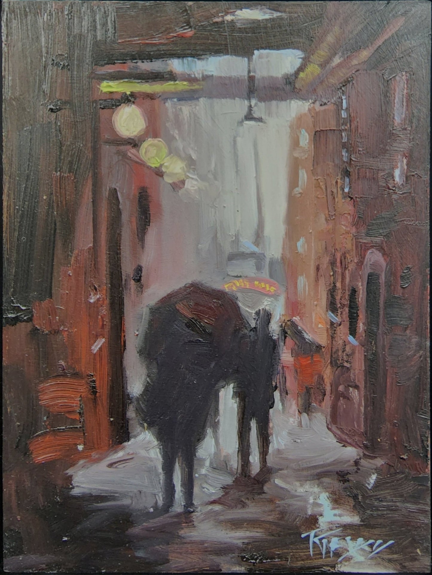 ***SOLD, Prints available*** ROBIN WEISS - Post Alley Rain, Seattle plein air oil, 6x8 (framed)