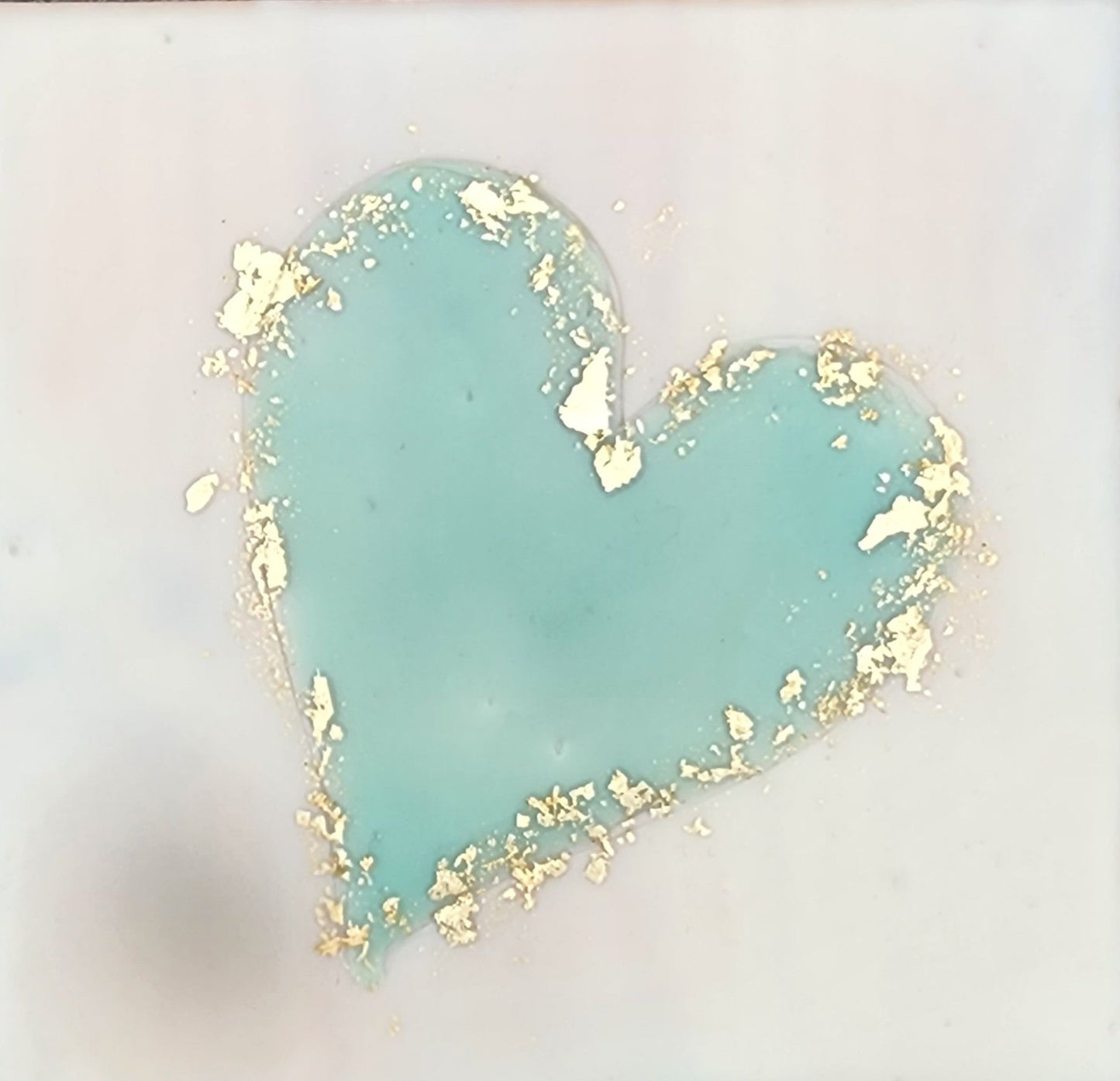 ***SOLD*** Carrie Goller - Light Blue Heart on White with Gold Leaf, encaustic 5.5x5.25