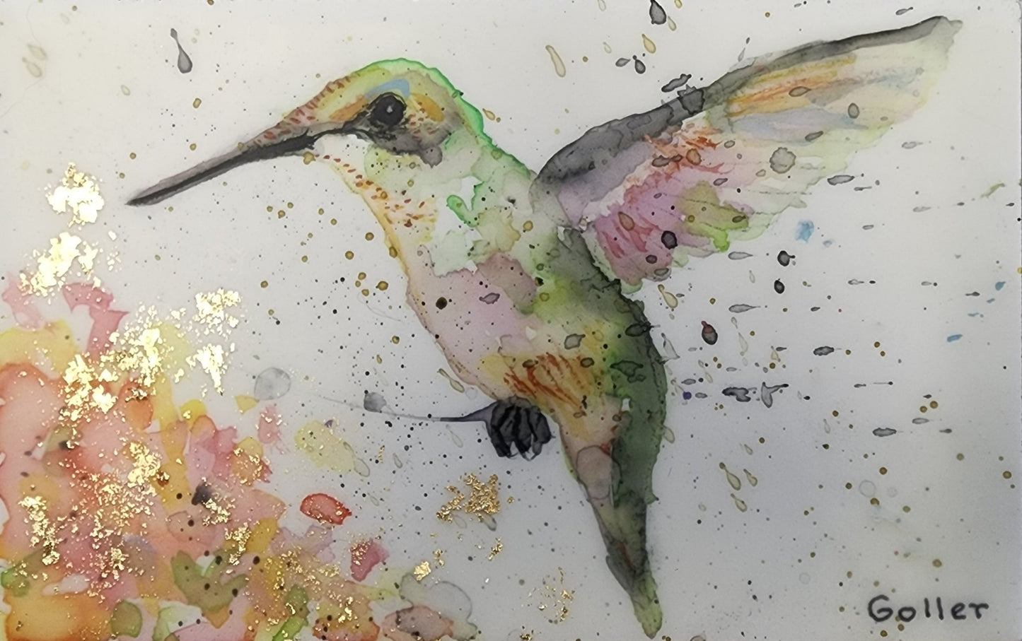 ***SOLD***Carrie Goller - Original Green Hummingbird with Flower Miniature Painting 3 x 4.75 - Encaustic/Watercolor/Gold Leaf