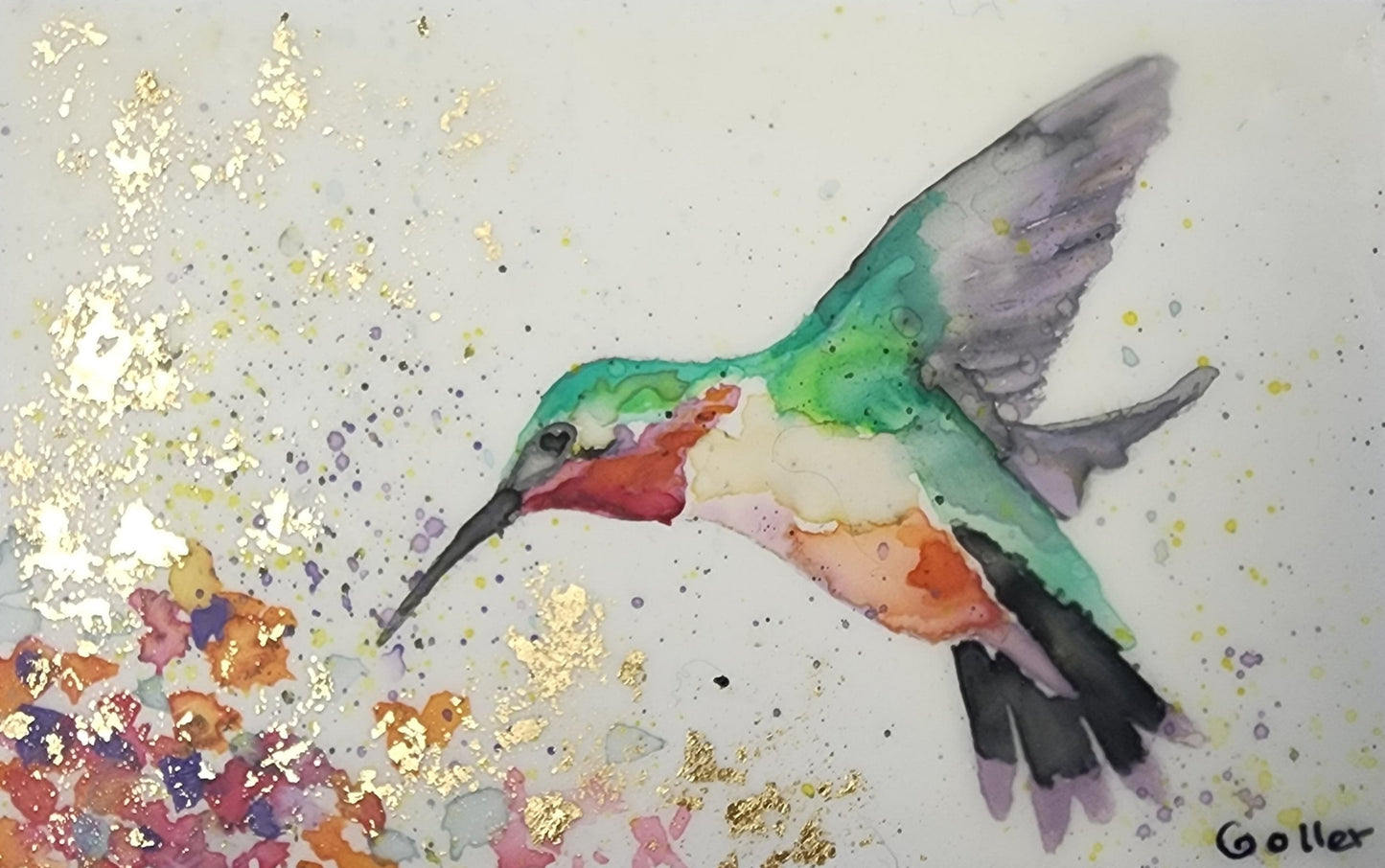 ***SOLD***Carrie Goller - Original Green & Orange Hummingbird Miniature Painting 3 x 4.75 - Encaustic/Watercolor/Gold Leaf