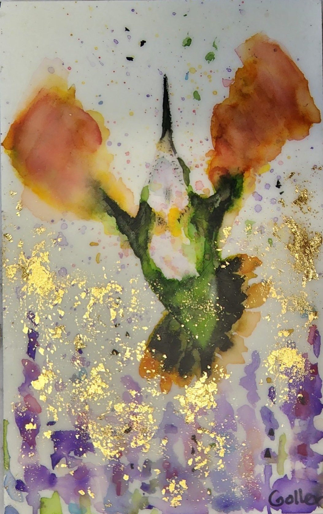 ***SOLD*** Carrie Goller - Original Fluttering Hummingbird Miniature Painting 3 x 4.75 - Encaustic/Watercolor/Gold Leaf