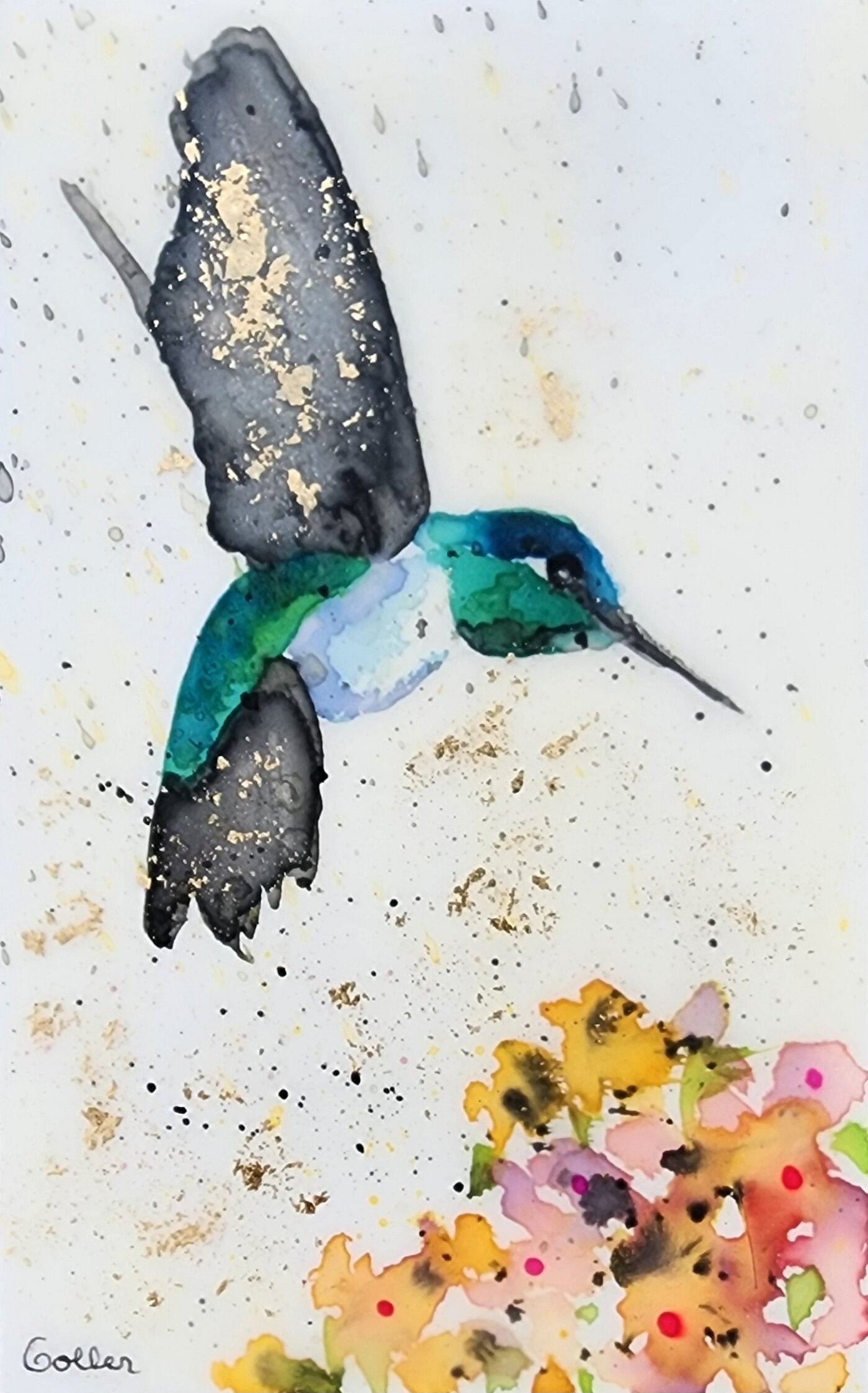 ***SOLD*** Carrie Goller - Original Teal Hummingbird with Flower Miniature Painting 3 x 4.75 - Encaustic/Watercolor/Gold Leaf