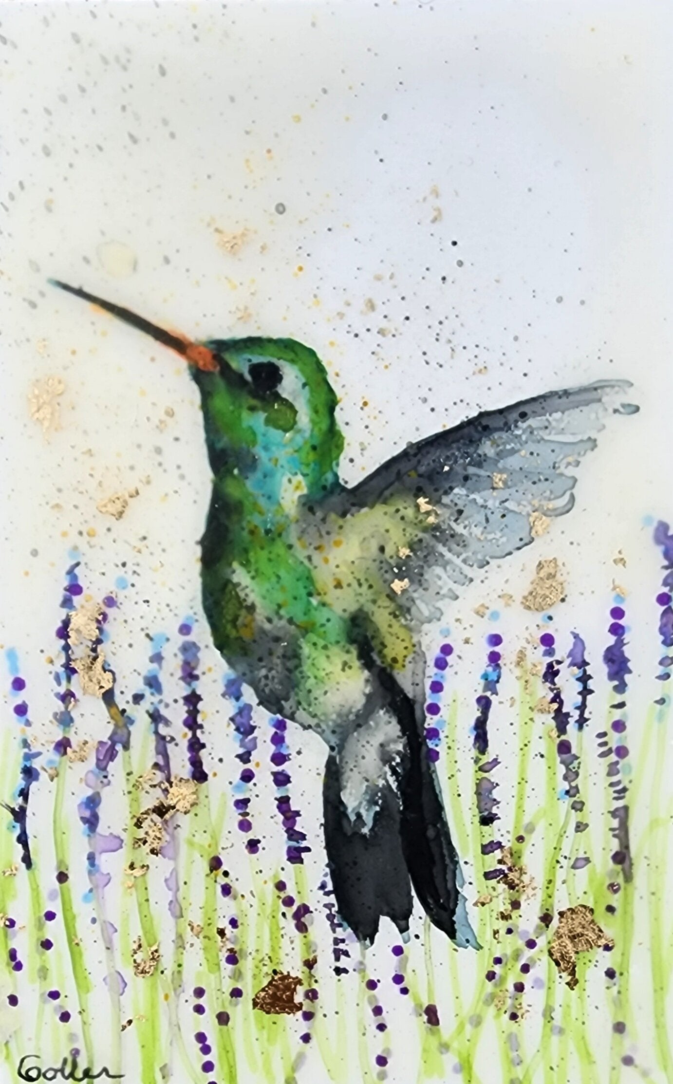 ***SOLD*** Carrie Goller - Original Green Hummingbird Miniature Painting 3 x 4.75 - Encaustic/Watercolor/Gold Leaf