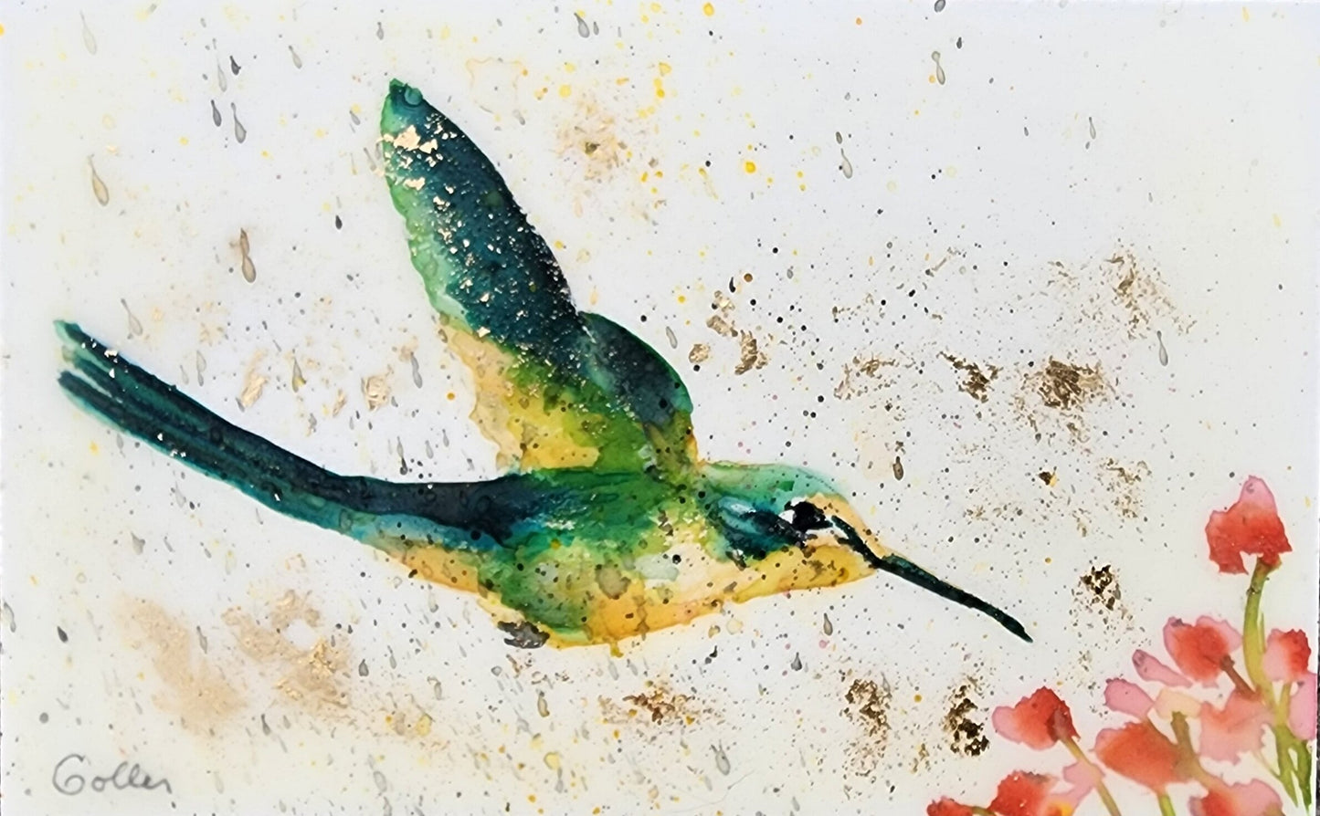 ***SOLD*** Carrie Goller - Original Green & Yellow Hummingbird with Flower Miniature Painting 3 x 4.75 - Encaustic/Watercolor/Gold Leaf