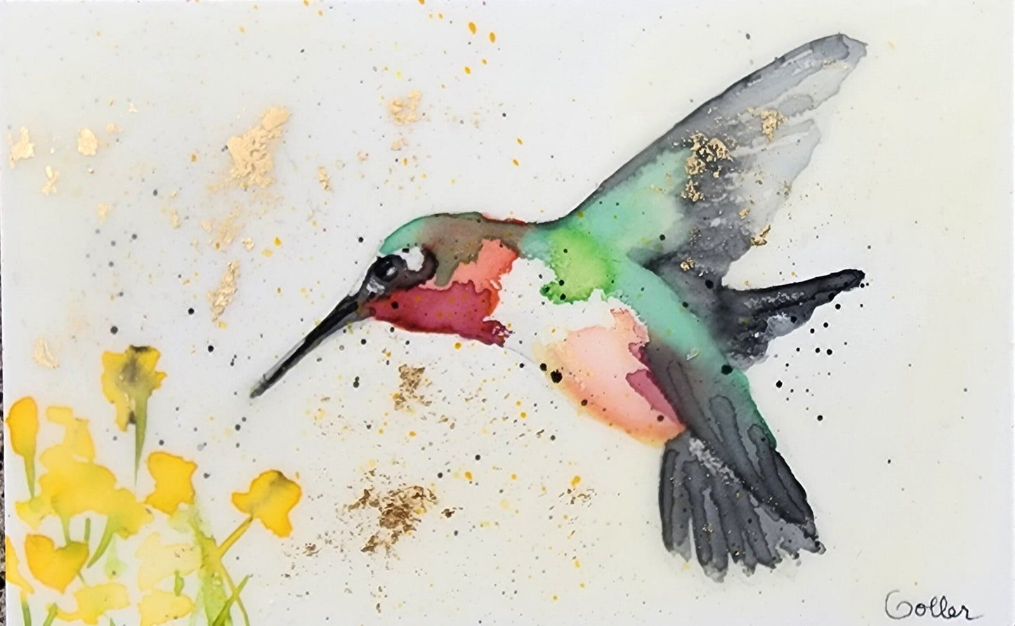 ***SOLD*** Carrie Goller - Original Hummingbird with Flower Miniature Painting 3 x 4.75 - Encaustic/Watercolor/Gold Leaf