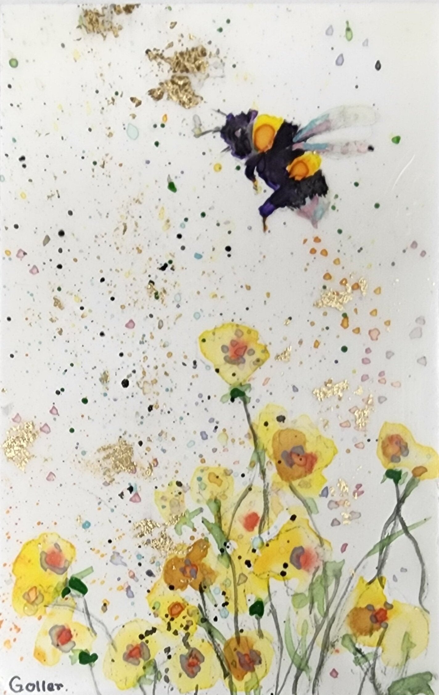 ***SOLD*** Carrie Goller - Original Bee Miniature Painting 3 x 4.75 - Encaustic/Watercolor/Gold Leaf