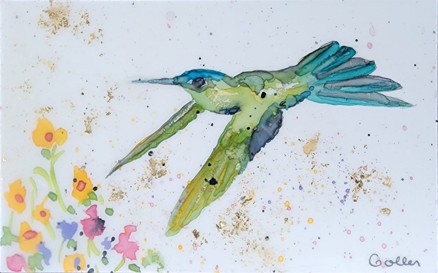 ***SOLD***Carrie Goller - Original Teal & Green Hummingbird with Flower Miniature Painting 3 x 4.75 - Encaustic/Watercolor/Gold Leaf