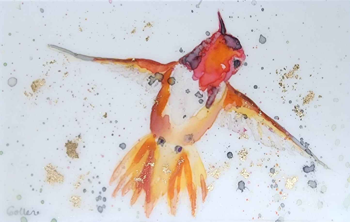 ***SOLD***Carrie Goller - Original Fluttering Red Hummingbird Miniature Painting 3 x 4.75 - Encaustic/Watercolor/Gold Leaf