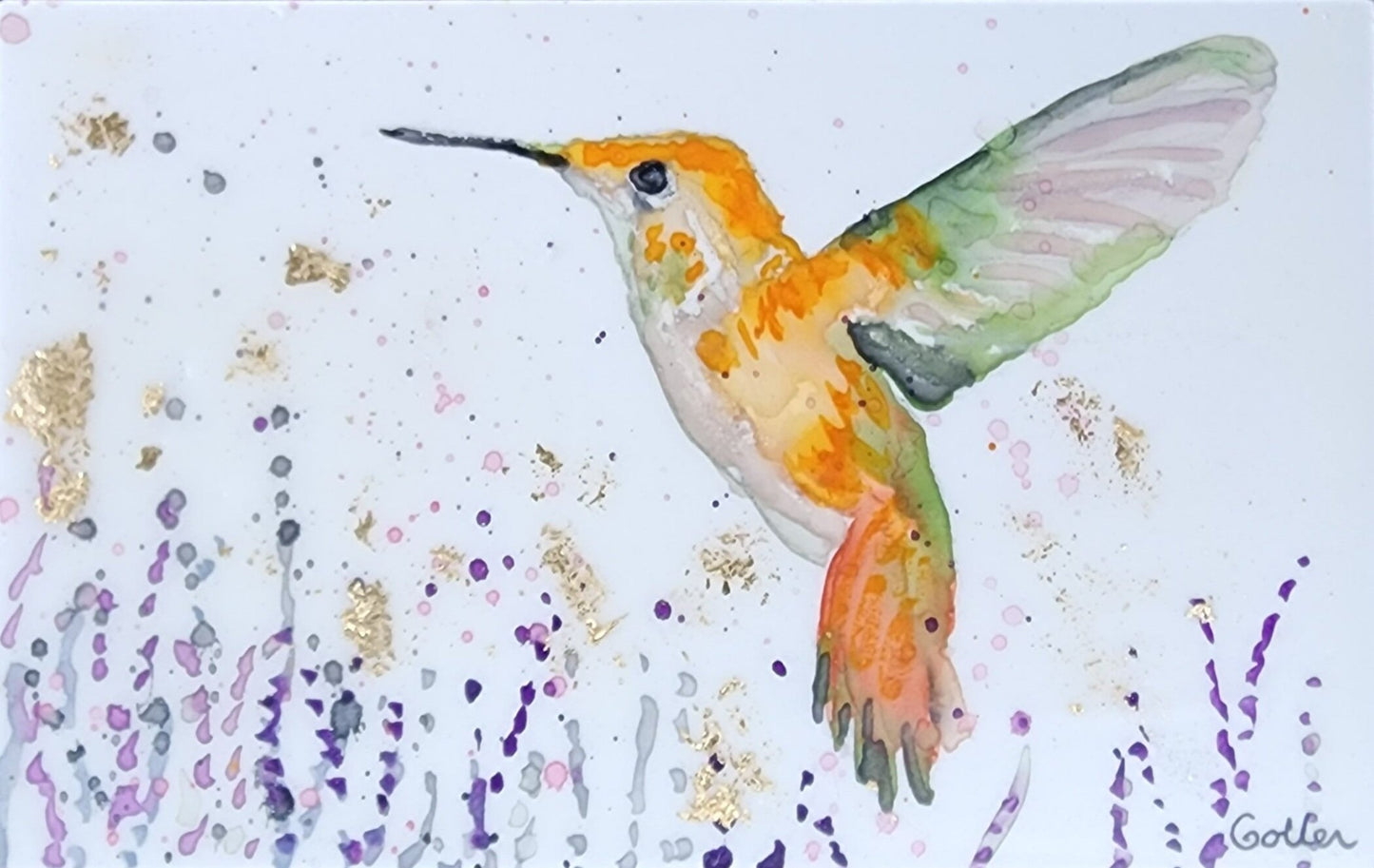 ***SOLD***Carrie Goller - Original Orange Hummingbird with Flower Miniature Painting 3 x 4.75 - Encaustic/Watercolor/Gold Leaf