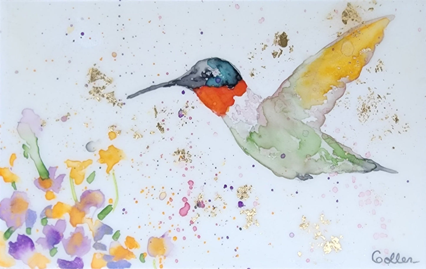 ***SOLD*** Carrie Goller - Original Green Hummingbird with Flower Miniature Painting 3 x 4.75 - Encaustic/Watercolor/Gold Leaf