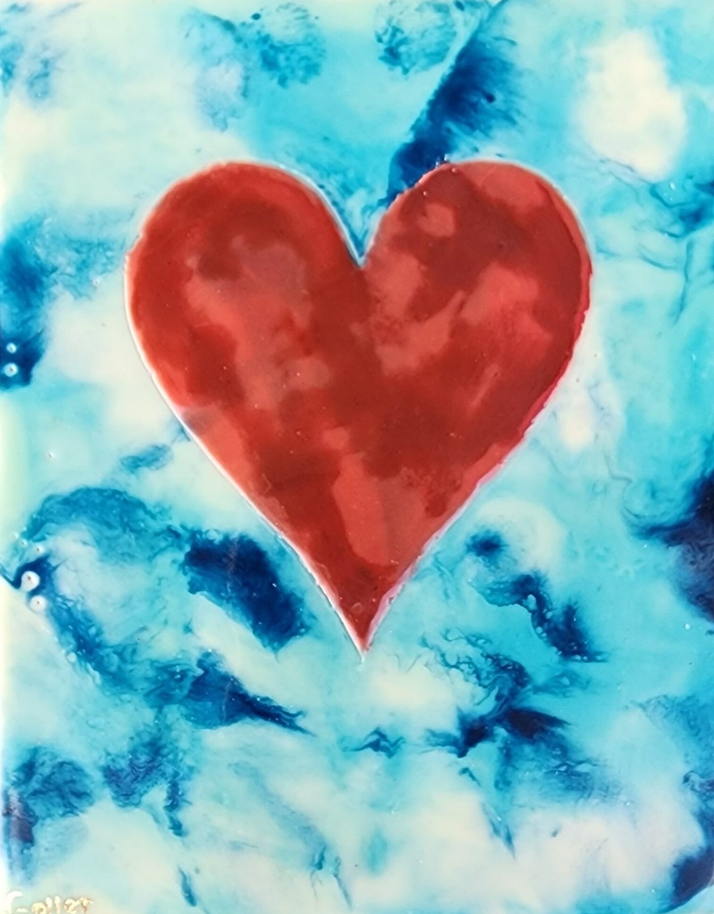 ***SOLD*** Carrie Goller - Red Heart on Blue Tie-Dye, encaustic 7x5.5
