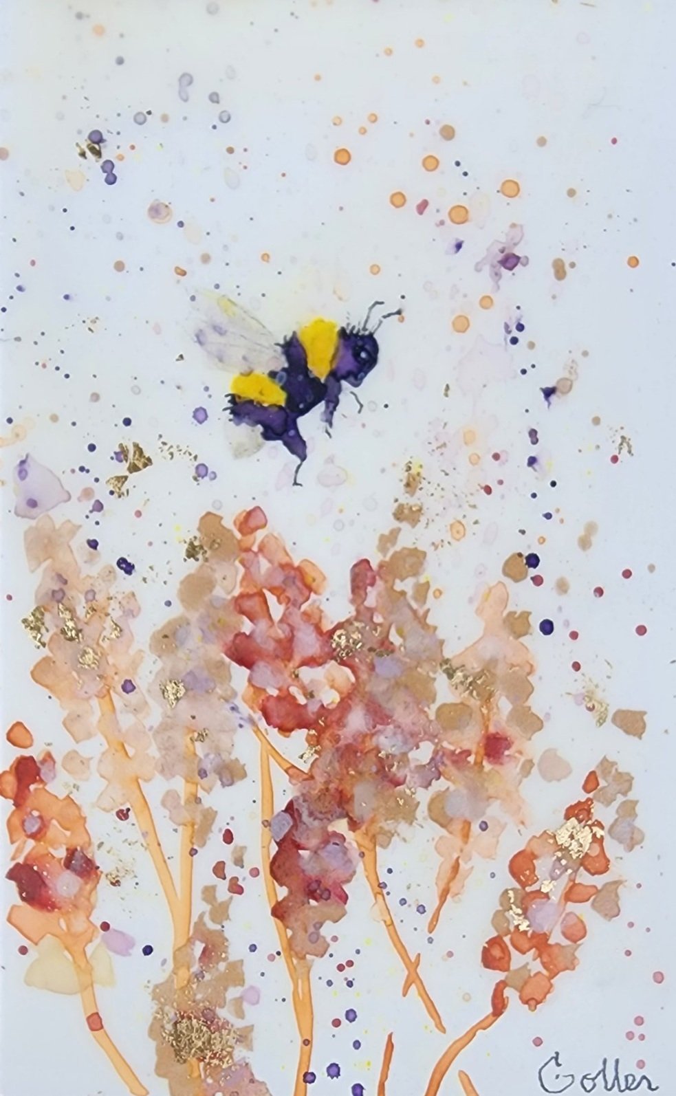 ***SOLD*** Carrie Goller - Original Bee Miniature Painting 3 x 4.75 - Encaustic/Watercolor/Gold Leaf