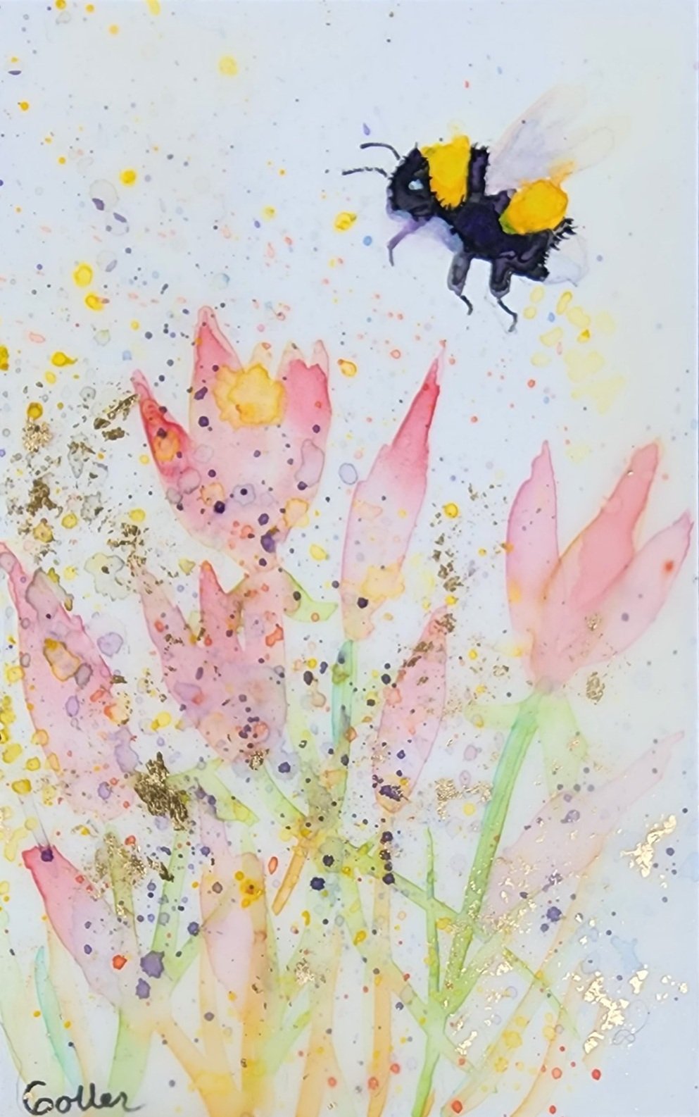***SOLD*** Carrie Goller - Original Bee Miniature Painting 3 x 4.75 - Encaustic/Watercolor/Gold Leaf
