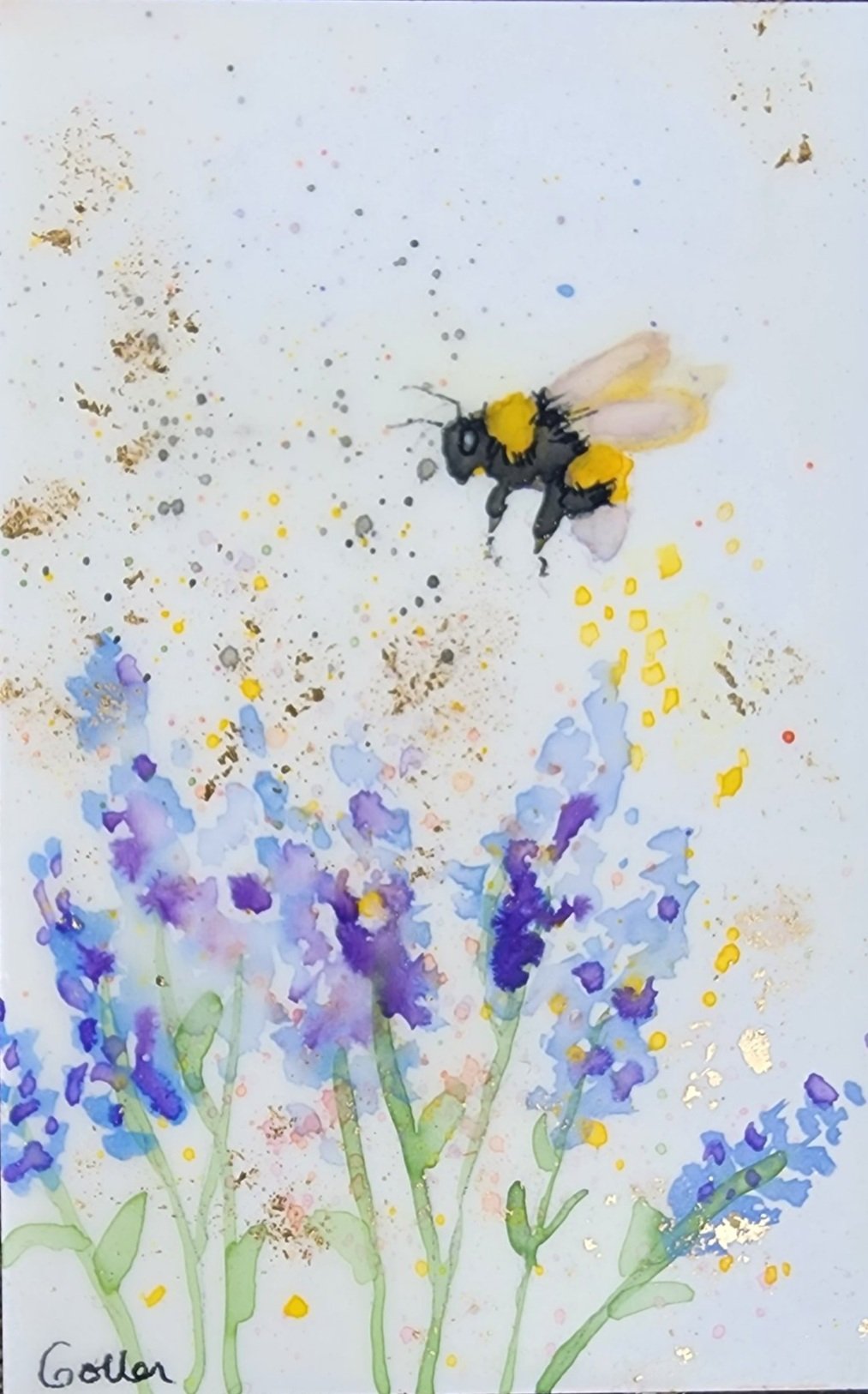 ***SOLD*** Carrie Goller - Original Bee Miniature Painting 3 x 4.75 - Encaustic/Watercolor/Gold Leaf