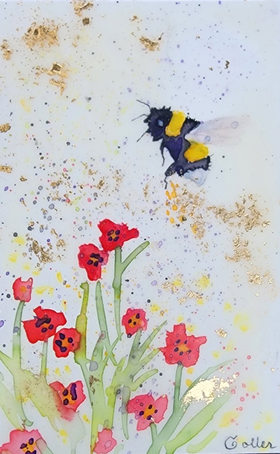 ***SOLD*** Carrie Goller - Original Bee Miniature Painting 3 x 4.75 - Encaustic/Watercolor/Gold Leaf