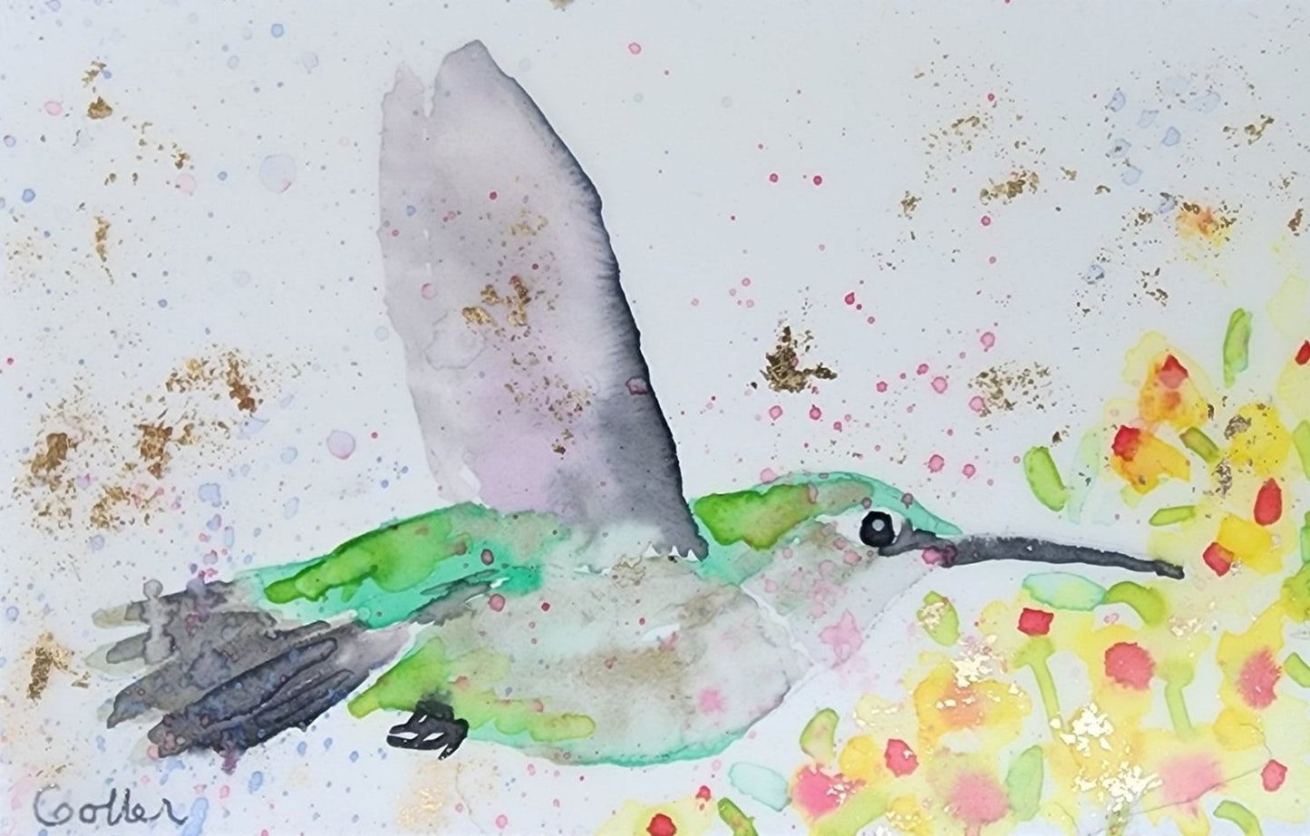 ***SOLD***Carrie Goller - Original Green Hummingbird with Flowers Miniature Painting 3 x 4.75 - Encaustic/Watercolor/Gold Leaf