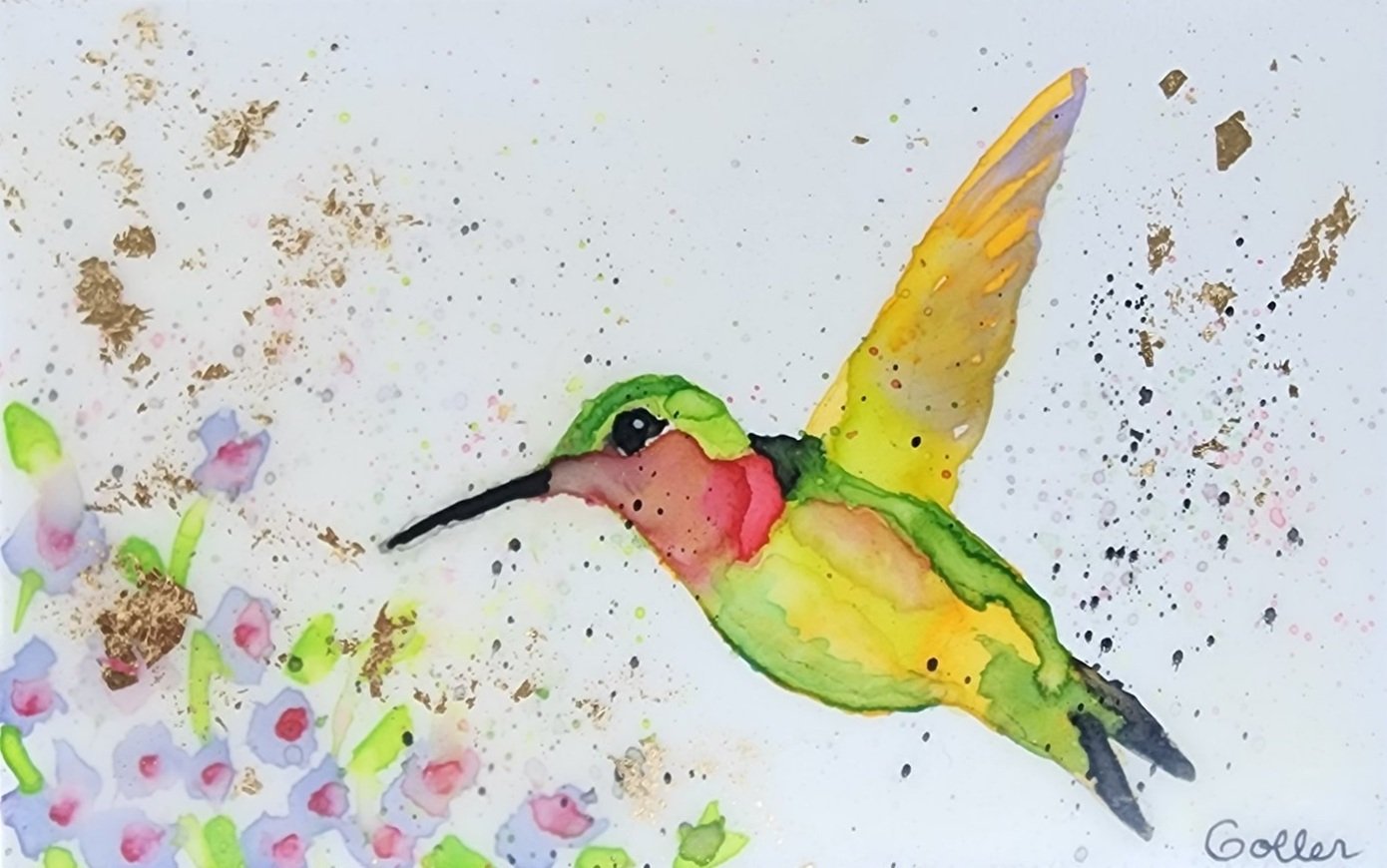 ***SOLD*** Carrie Goller - Original Green and Yellow Hummingbird with Flowers Miniature Painting 3 x 4.75 - Encaustic/Watercolor/Gold Leaf