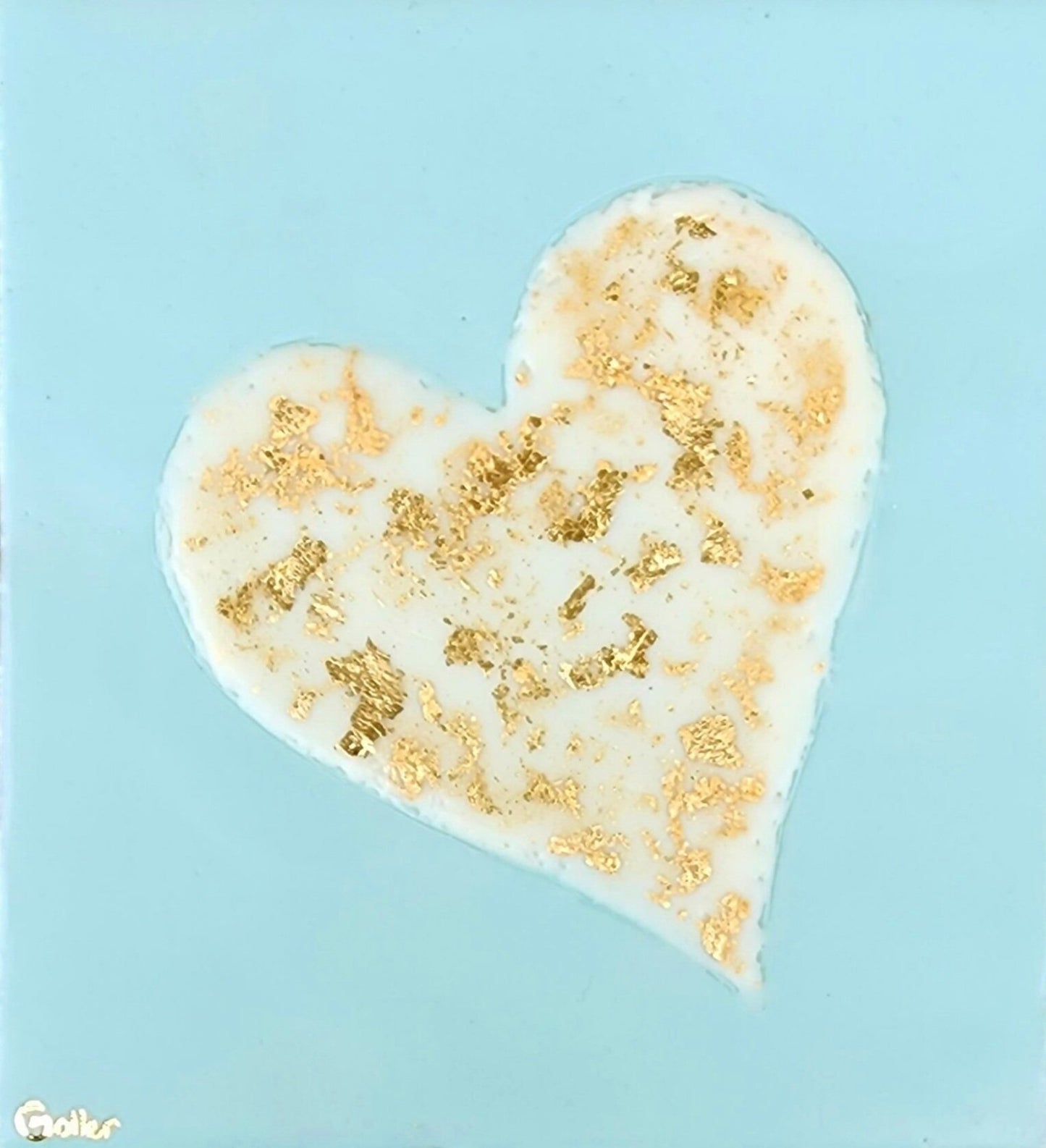 ***SOLD*** Carrie Goller - White Heart on Blue with Gold Leaf, encaustic 5.5x4.8
