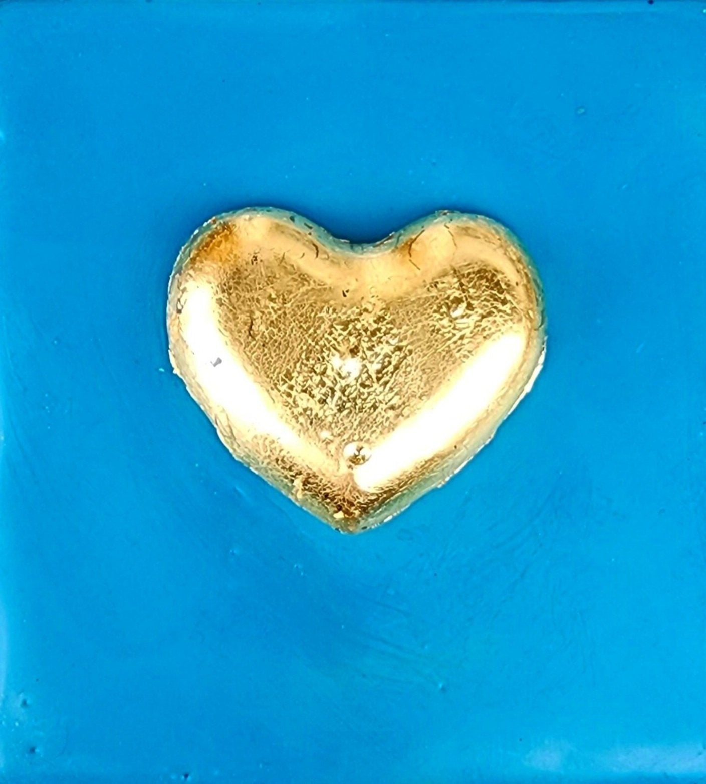 ***SOLD*** Carrie Goller - Gold Heart on Teal, encaustic 3.7x3.5