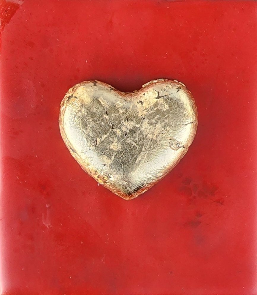 ***SOLD*** Carrie Goller - Gold Heart on Red, encaustic 4x3.5