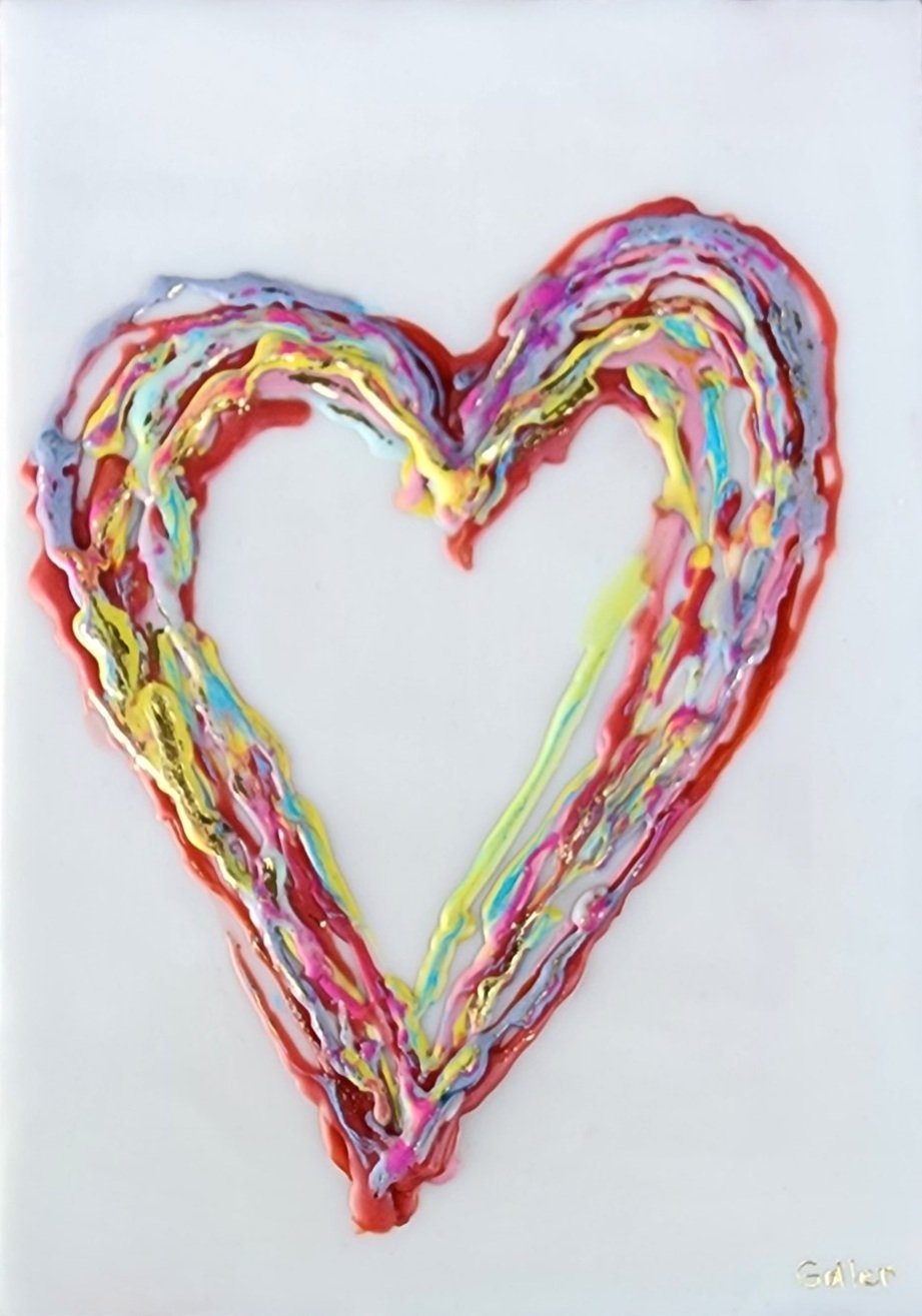 **sold** Carrie Goller - Rainbow Heart on White with Gold Leaf 7x5, encaustic and gold leaf
