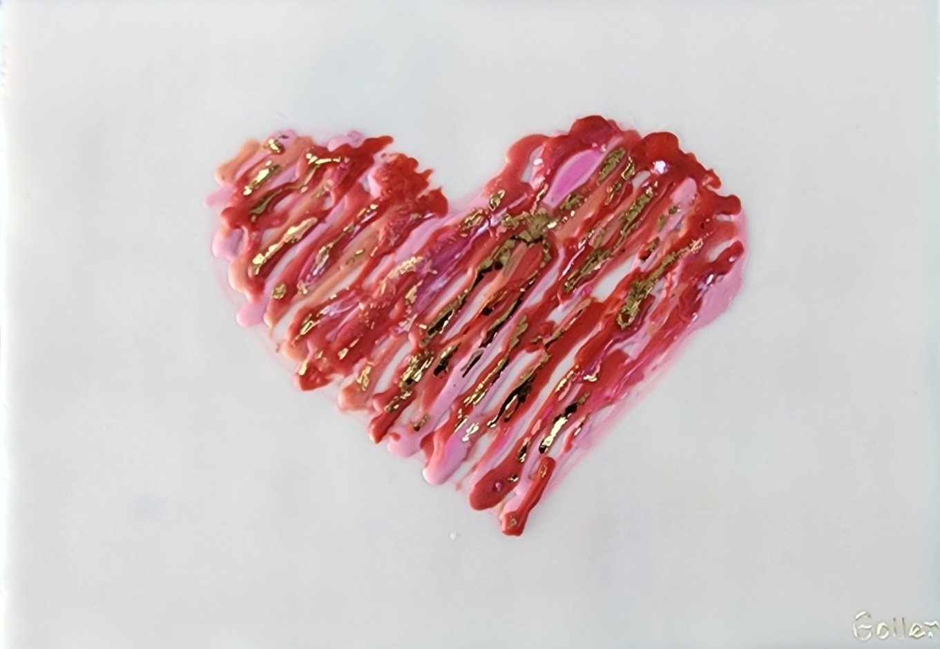 ***SOLD*** Carrie Goller - Pink & Red Heart on White with Gold Leaf 7x5, encaustic and gold leaf