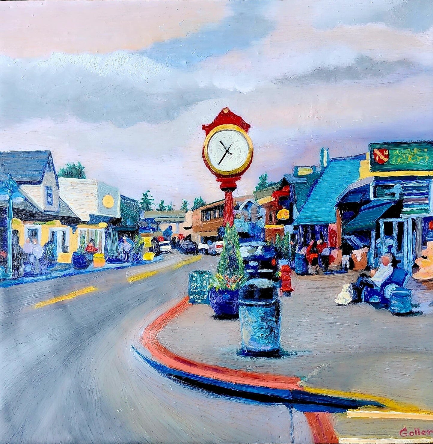 Prints available, original ***SOLD*** Carrie Goller - Rotary City Clock, Poulsbo, Mixed media - oil/encaustic 10x10