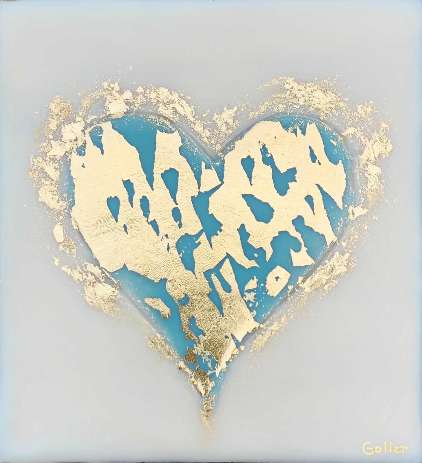 ***SOLD*** Carrie Goller - Blue Heart on White with Gold Leaf 6.75x7.25, encaustic and gold leaf