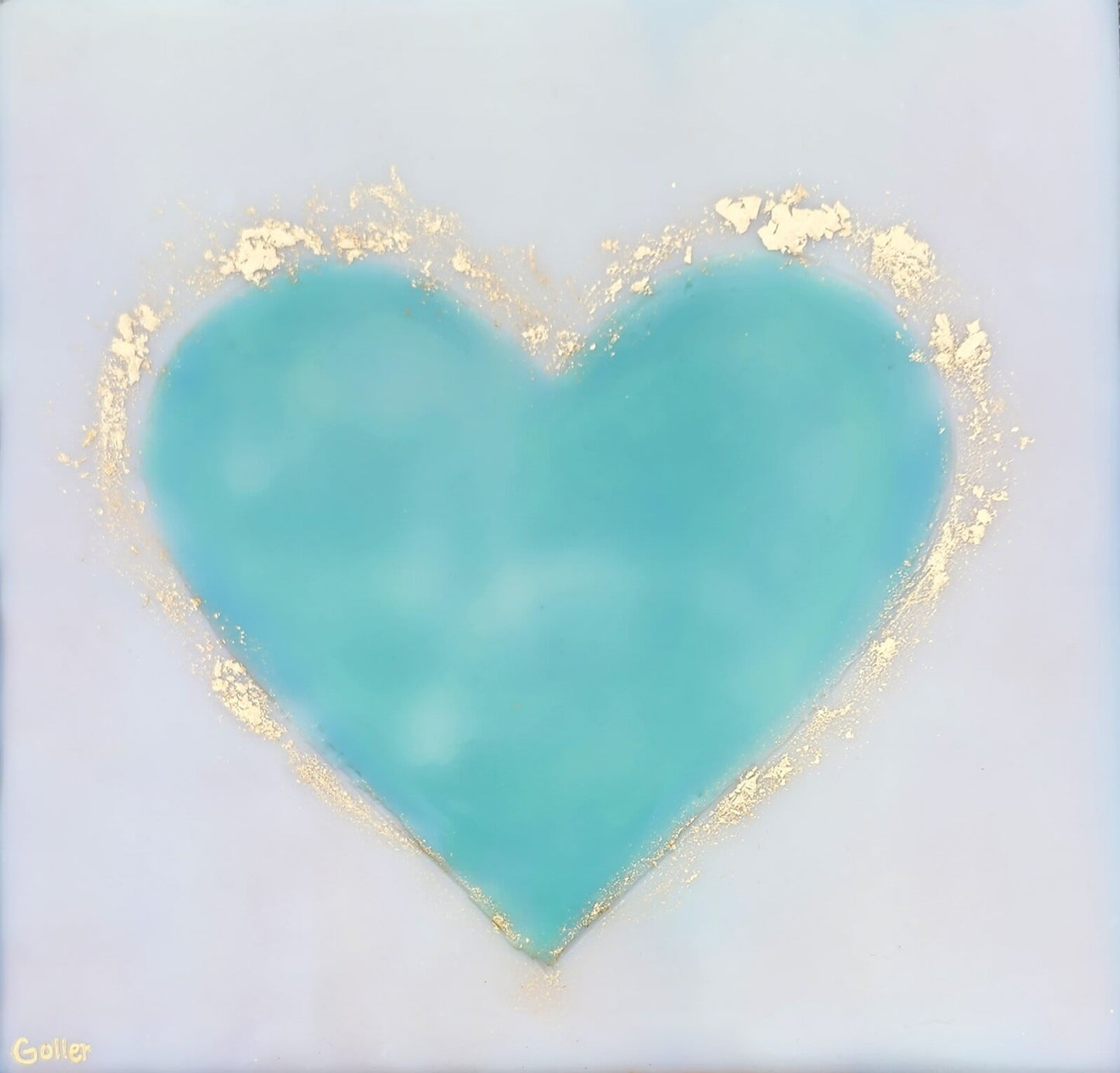 ***SOLD*** Carrie Goller - Blue Heart on White with Gold Leaf, encaustic 5.5x5