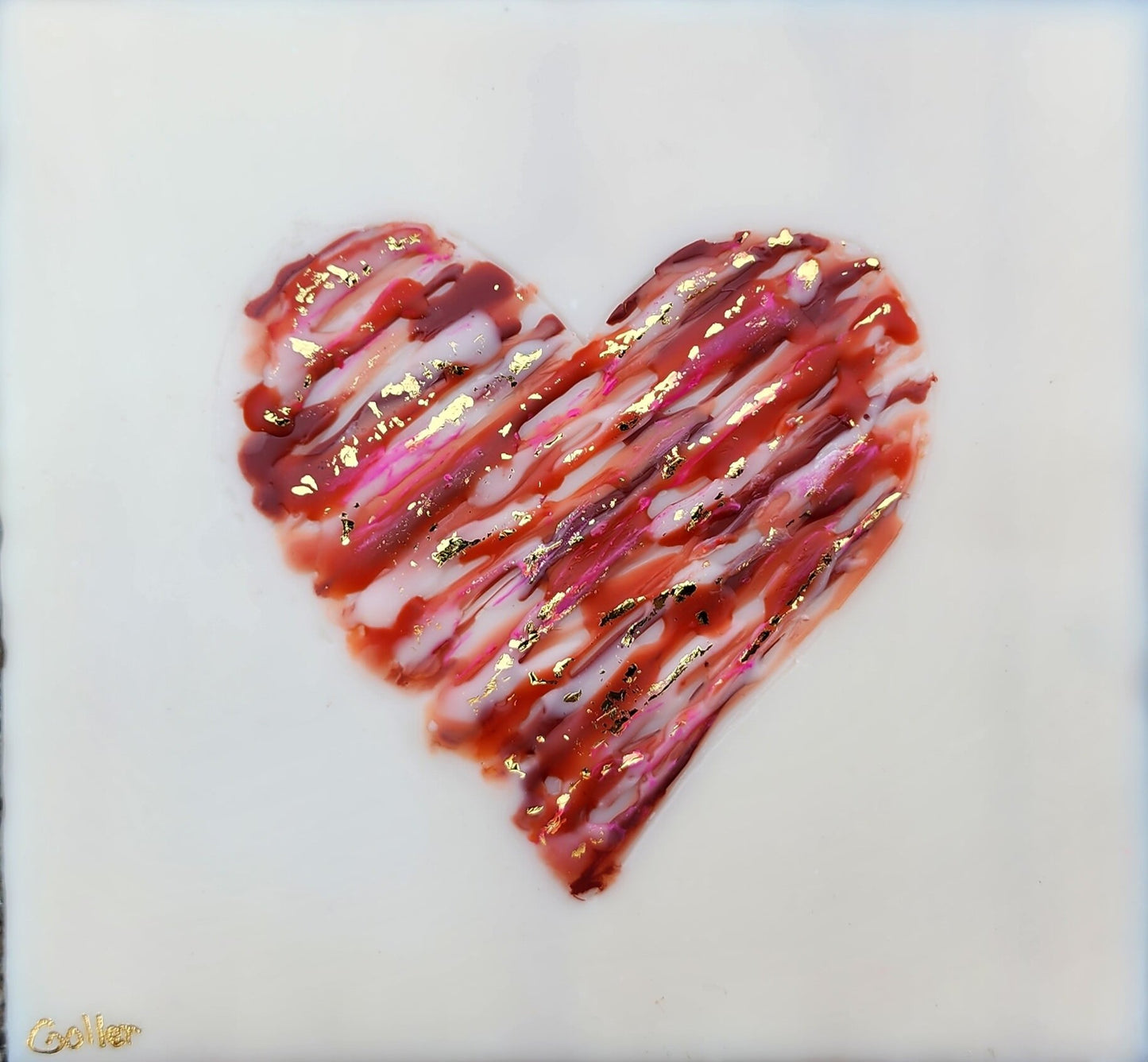 ***SOLD*** Carrie Goller - Pink & Red Heart on White with Gold Leaf, encaustic 5.5x5