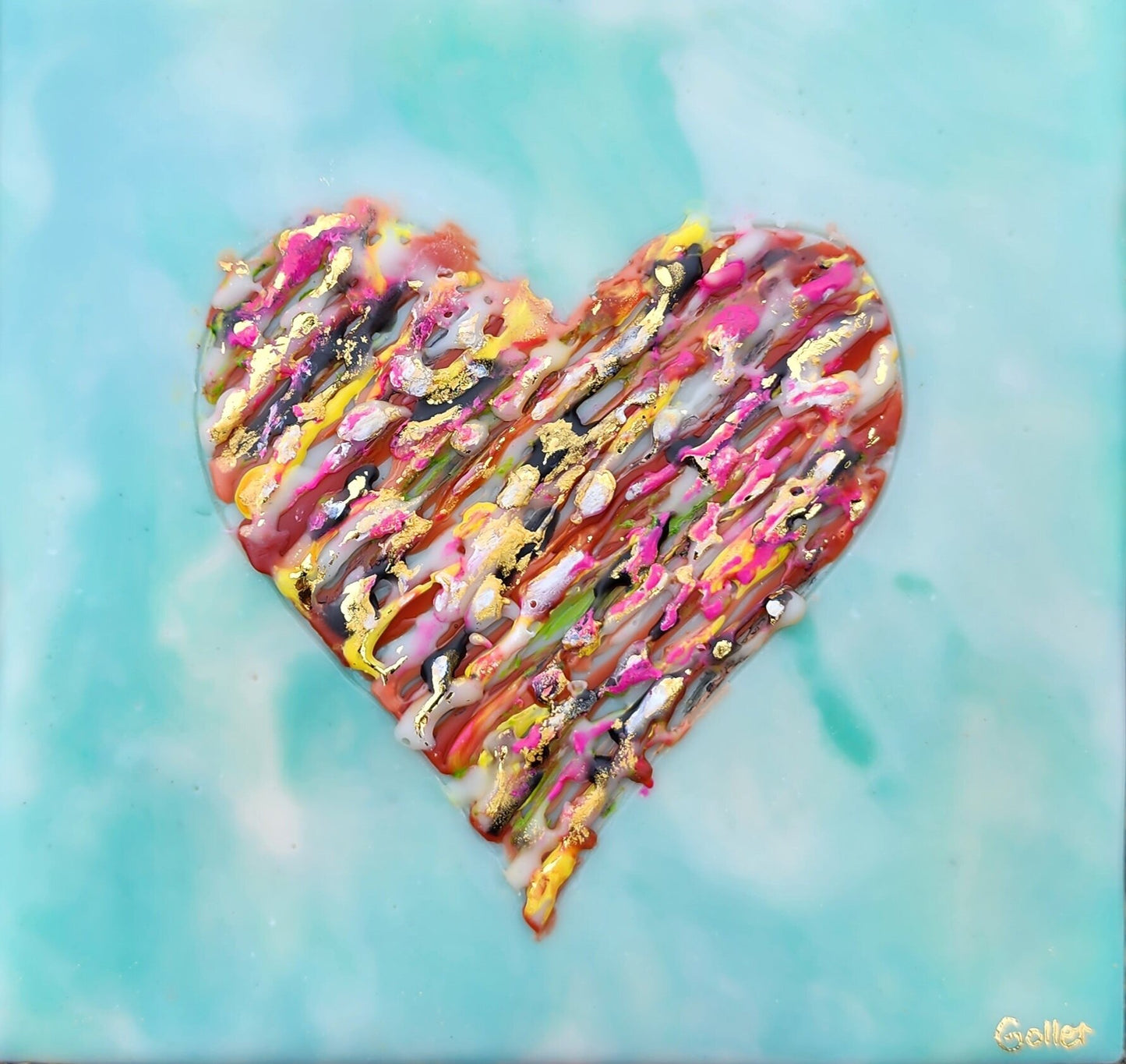 ***SOLD*** Carrie Goller - Rainbow Heart on Blue TieDye with Gold Leaf, encaustic 5x5.5