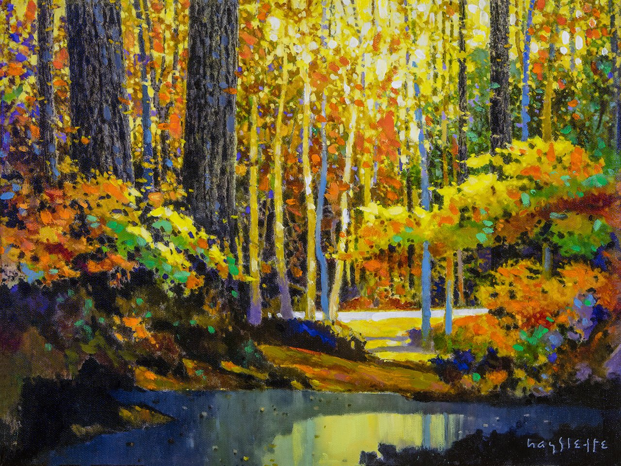 Prints available, original ***SOLD*** MAX HAYSLETTE - Autumn's Shimmering Light, Acrylic 12x16, HMAC 2035