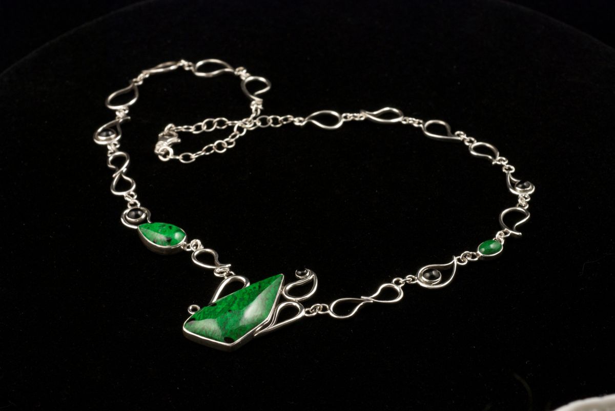 Jody Lyle - Beneath the Trees Green Necklace, Jade, Onyx and Argentium #2198