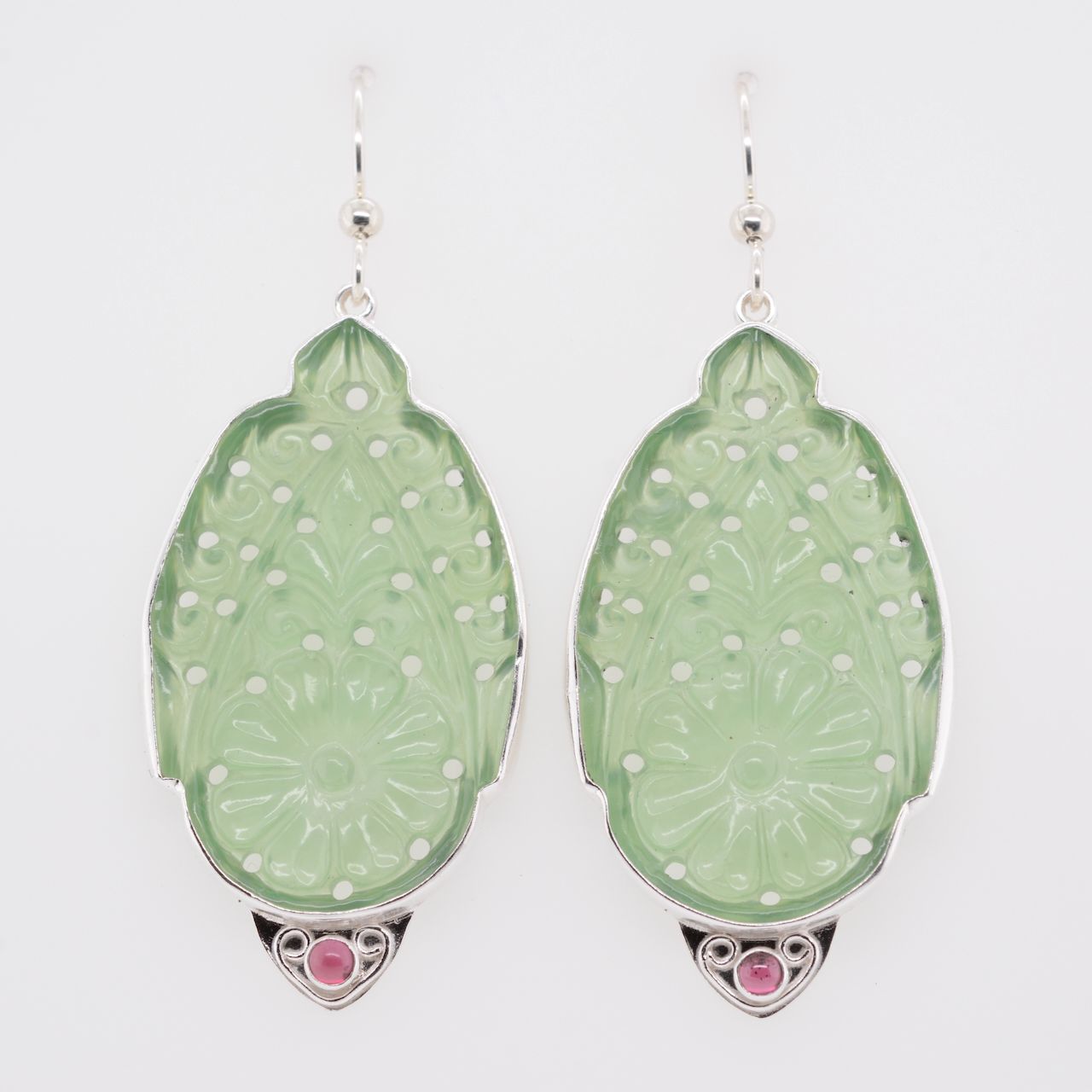 Jody Lyle - Carved Serpentine and Rhodolite Earrings with Sterling Silver #3347