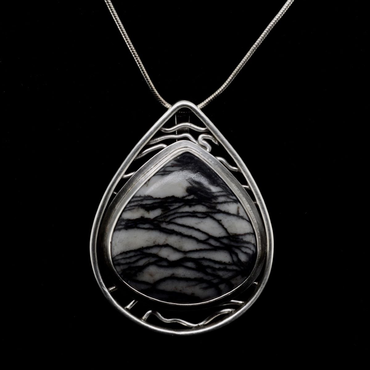 Jody Lyle - Wavelengths in Black and White, Picasso Jasper Pendant on sterling chain