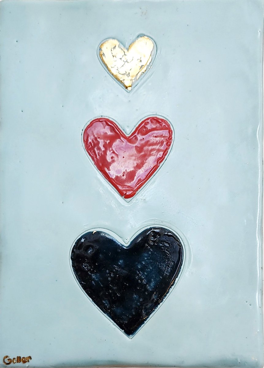 ***SOLD*** Carrie Goller - Three Heart stack on Light Blue with gold leaf, encaustic 7.2x5
