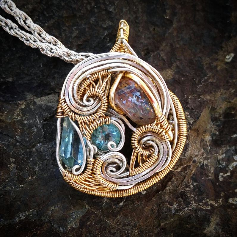 ***SOLD***Aquamarine, Sunstone and Apatite Pendant in Sterling Silver and 14k Gold Fill