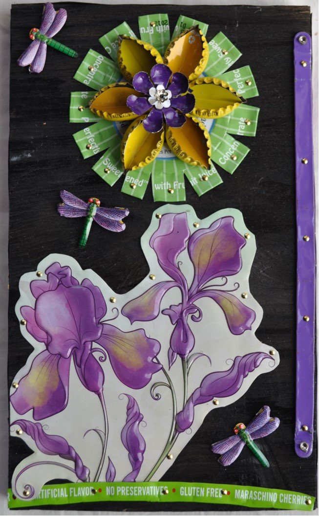 ***SOLD*** Loran Scruggs - Iris and Purple Dragon Flies, 6x10 - Recycled Tin Art