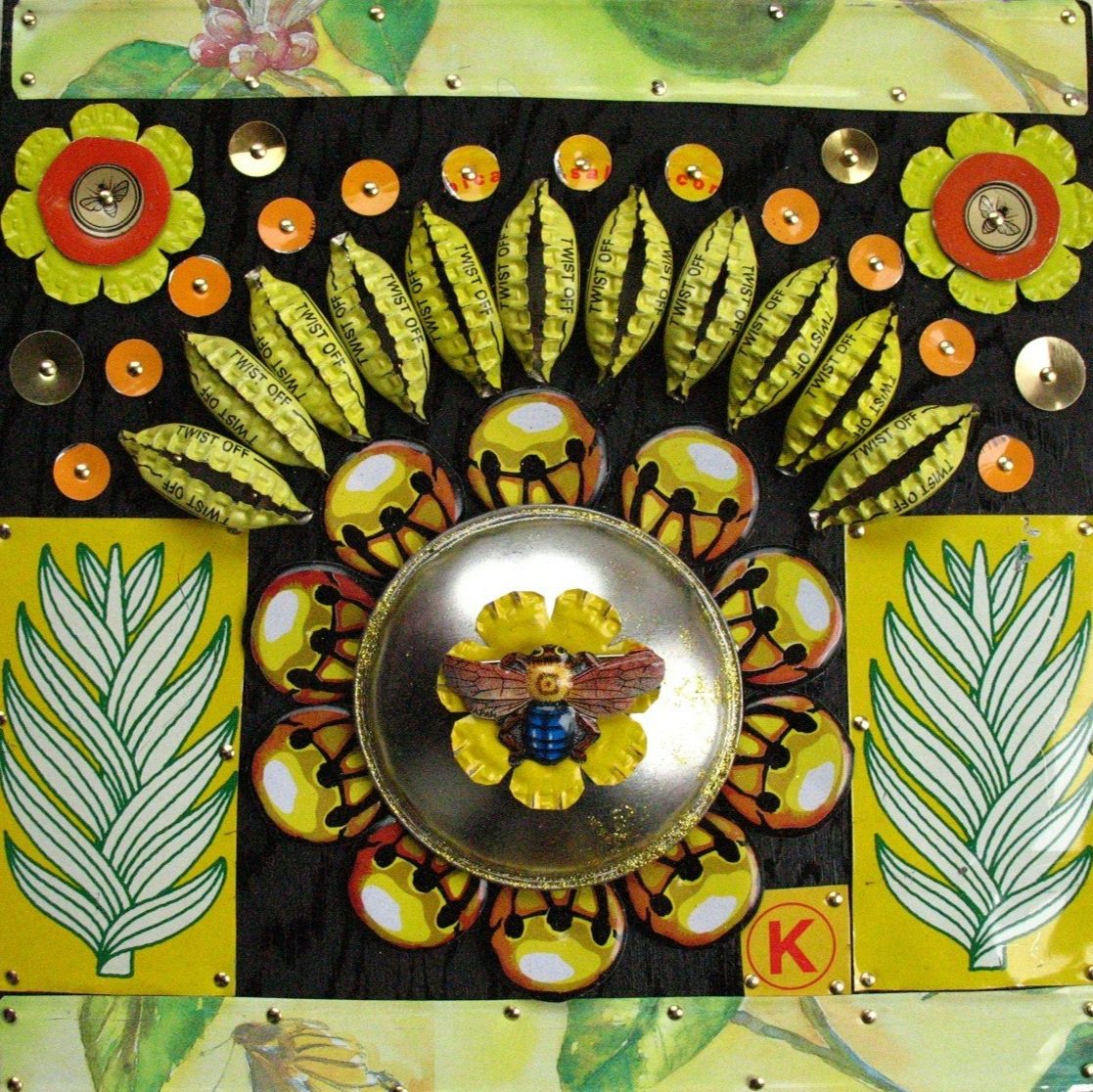 Loran Scruggs - Sun Bee Blue Butt, 8x8 - Recycled Tin Art