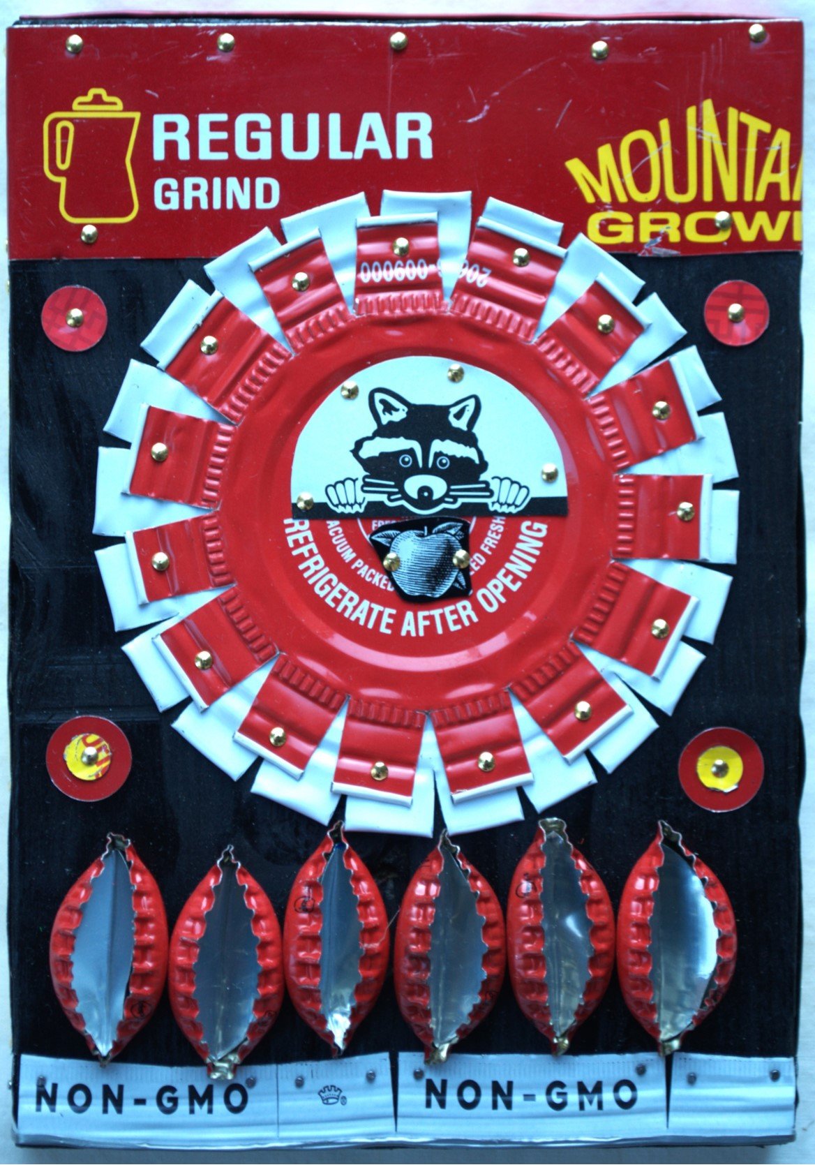 ***SOLD*** Loran Scruggs - Racoon Regular Grind, 7x5 - Recycled Tin Art